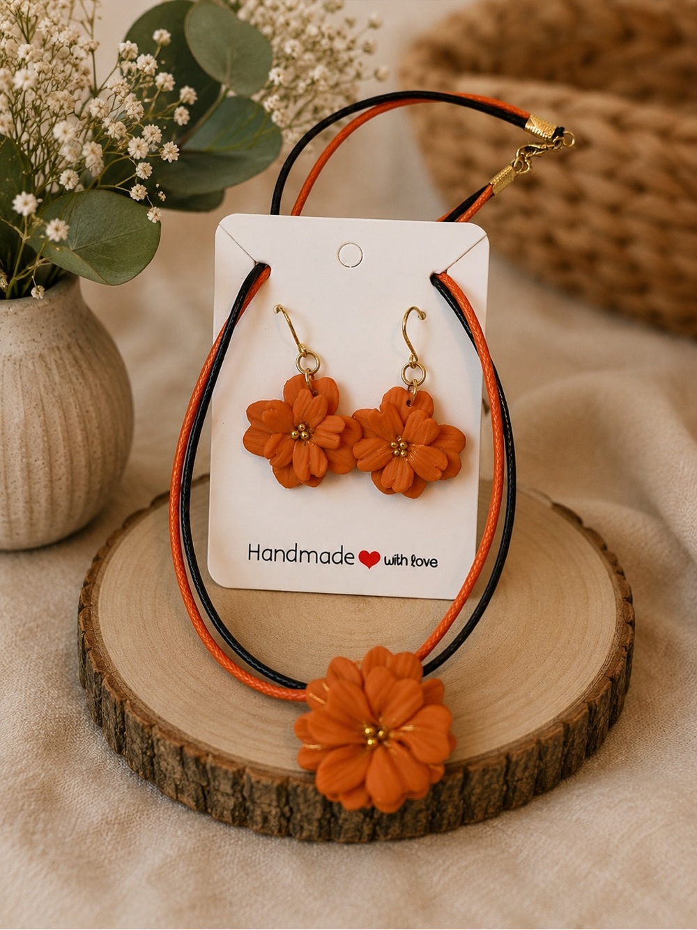 Handmade (polymer clay) Orange Floral Necklace & Earring Set